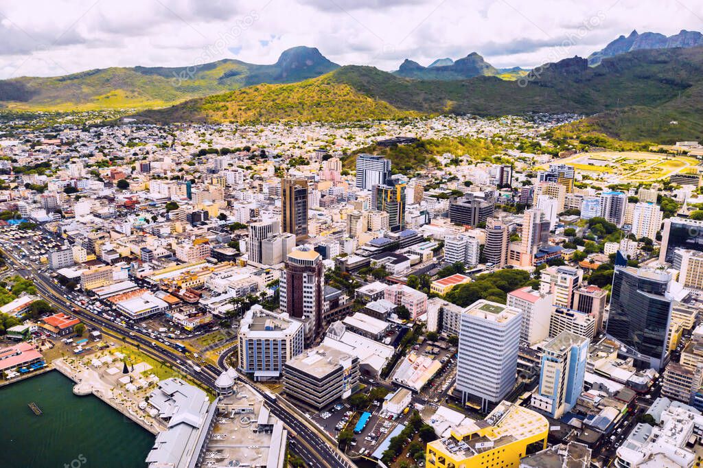 Aerial view of the city of Port-Louis, Mauritius, Africa.