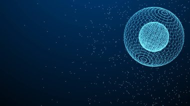 Soyut 3D küre. Koyu arkaplan üzerinde noktalar ve çizgiler olan bir küre ağı. Bilim ve teknoloji 3D görüntüleme.
