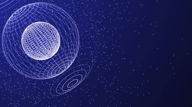 Soyut 3D küre. Koyu arkaplan üzerinde noktalar ve çizgiler olan bir küre ağı. Bilim ve teknoloji 3D görüntüleme.