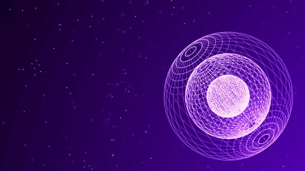 Abstract 3d sphere. Mesh of sphere with points and lines on dark background. Science and technology 3d rendering.