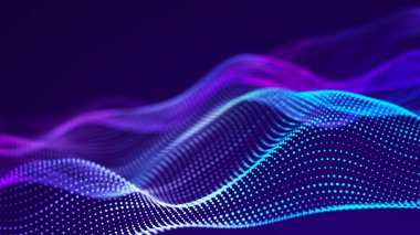 Dinamik dalgalı soyut bir arkaplan. Parlayan parçacıkların dijital dalgası. Tasarım ve duvar kâğıdı için fütüristik zemin. 3B görüntüleme.