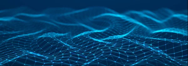 Digital technology background. Abstract wave with connected dots and lines. Technology or Science Banner. 3Drendering. Widescreen