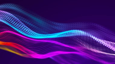 Noktaları ve çizgileri olan gelecekçi bir dalga. Büyük veri. Dinamik dalga arka planı. Teknoloji arka planı. 3d oluşturma