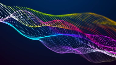 Noktaları ve çizgileri olan gelecekçi bir dalga. Büyük veri. Dinamik dalga arka planı. Teknoloji arka planı. 3d oluşturma