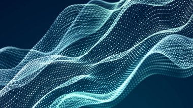 Karanlık arka planda noktaları olan dinamik bir dalga. Büyük veri. 3d oluşturma