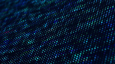 Müzik dalgası. Müzik için dengeleyici. Fütürist noktalar arka planı. Renkli müzik yüzeyi. Büyük veri kodu matrisi. 3B görüntüleme
