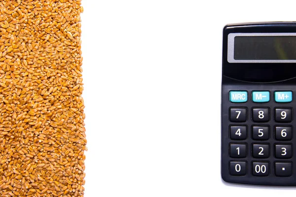 Hesap makinesi ve buğday taneleri. Tarım gelir kavramı 