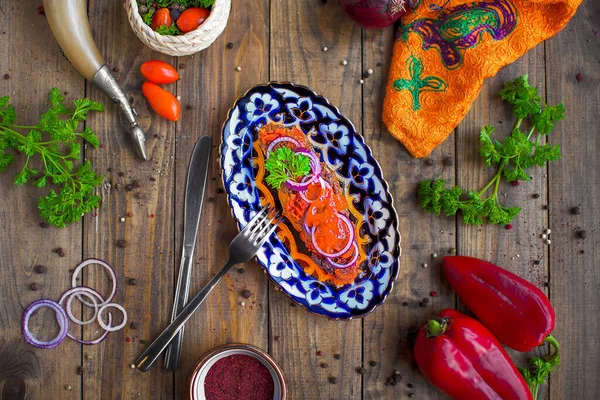 Pork kebab on plate on wood table — Stock Image Pork kebab on plate on wood table Stock Photo