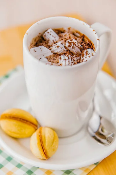 Kakaolu kupa, marshmallowlu ve fındıklı tarçınlı konsantre süt.