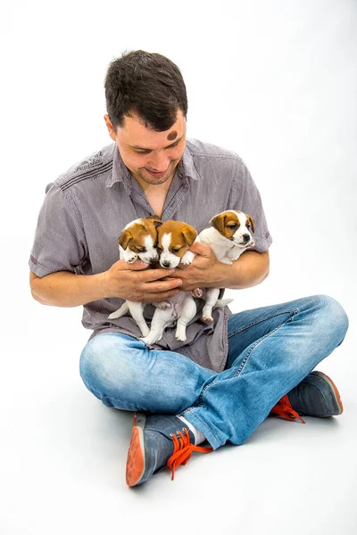 Yavru Köpeklerle Oynayan Bir Adam Yavru Köpeklerle Oynarken Olağanüstü Olumlu — Stok fotoğraf