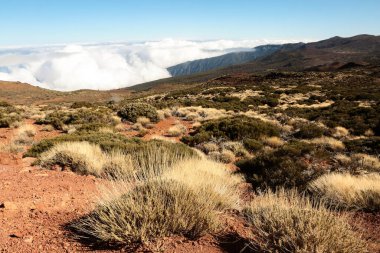 Tenerife (Kanarya Adaları) adasındaki Teide volkanının donmuş lavları üzerindeki bulutlar)