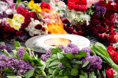 Sonsuz alev. Ölen askerlerin anıtında. Ateşin yanında çiçekler.