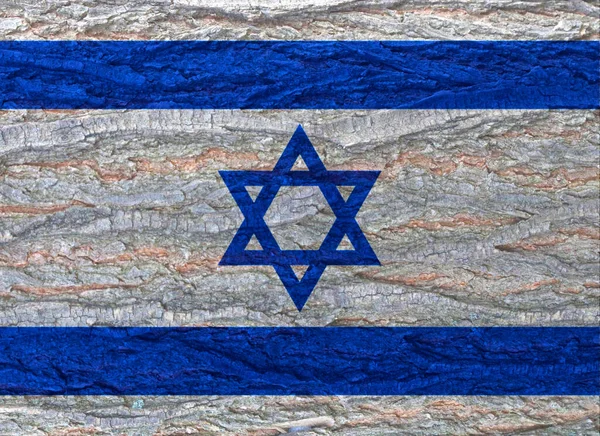树皮纹理背景上的以色列国旗 以色列公共假日贺卡的背景 悼念日 独立日 战胜纳粹主义的胜利日 耶路撒冷日 — 图库照片