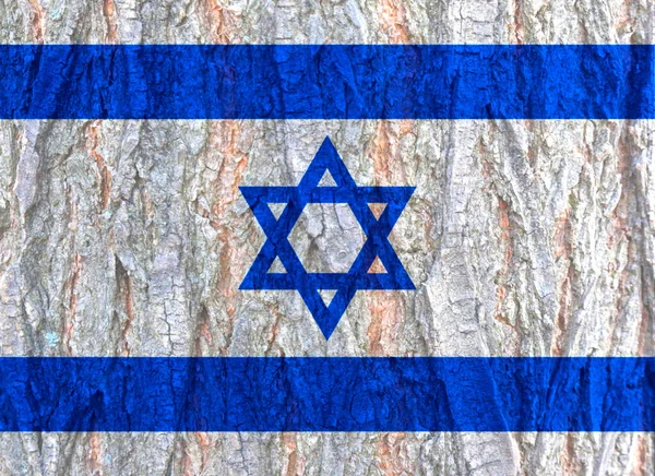 树皮纹理背景上的以色列国旗 以色列公共假日贺卡的背景 悼念日 独立日 战胜纳粹主义的胜利日 耶路撒冷日 — 图库照片