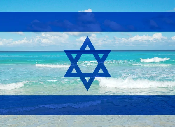 Флаг Израиля Фоне Моря Предпосылки Поздравительных Открыток Государственным Праздникам Израиля — стоковое фото