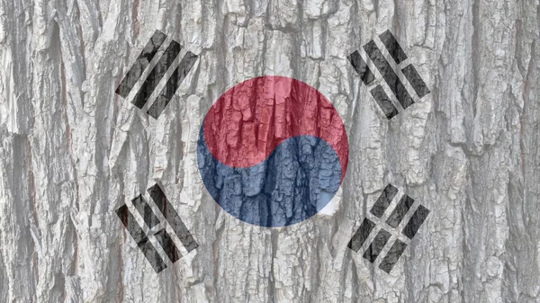 South Korea flag on bark texture background. Background for greeting cards for public holidays of the Republic of Korea. Teacher's Day. Day of Remembrance. Memorial Day of the tragedy. Constitution day. Liberation day.