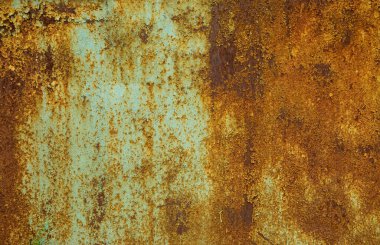 Boya kalıntıları ve paslı eski paslı metal tabakanın dokusu. Alışılmadık bir şablonla yüzeye. Bilgisayar masaüstü duvar kağıdı.
