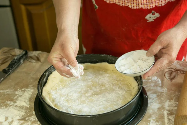 엄마의 파이야 반죽을 접시에 넣는다 어머니는 가루를 채우기 반죽에 녹말을 — 스톡 사진