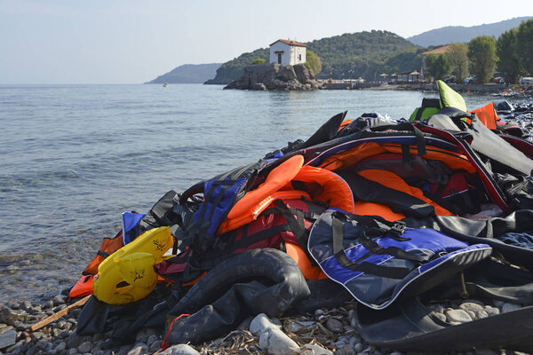 Lifejackets, rubber rings an pieces of the rubber dinghy boat le