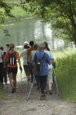 Bloemendaal, Hollanda 08-Haziran-2007: Bir grup İskandinav vatandaşı Hollanda 'daki kum tepeleri ve ormanlarda yürüyor.