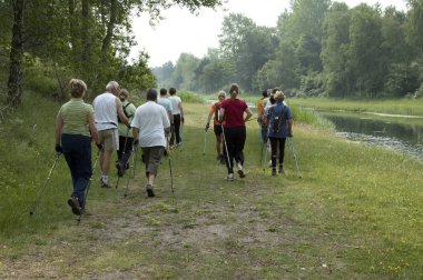 Bloemendaal, Hollanda 08-Haziran-2007: Bir grup İskandinav vatandaşı Hollanda 'daki kum tepeleri ve ormanlarda yürüyor.