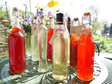 Farklı şekillerde ve boyutlarda şişeler çeşitli organik sıvılarla doldurulmuş. İçinde ravent, mürver çiçeği ya da manolya var..