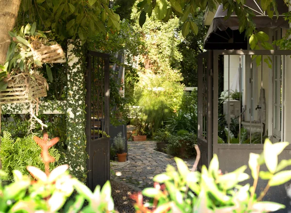 Modernes Metalltor und schöner grüner Garten — Stockfoto
