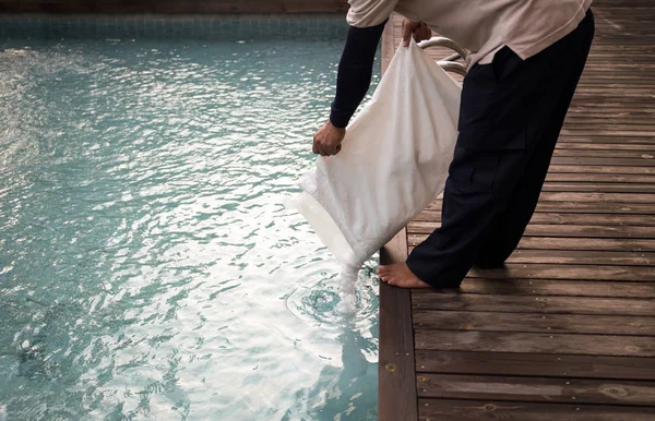 Muž uvedení sůl chlorování pro ošetření vody v plavání poo — Stock fotografie