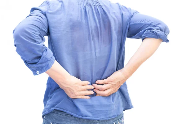 Senior woman having backache after working and sweat isolated — Stock Photo, Image