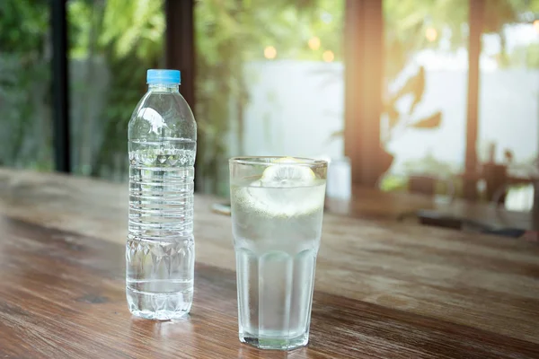 Plastic fles water en glas met schijfje citroen en ice cube — Stockfoto