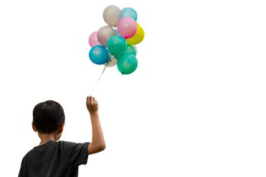 Küçük çocuk renkli balonlar izole holding 