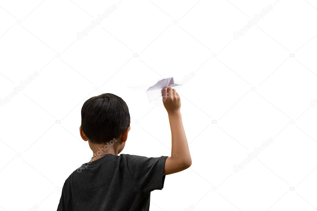 Little boy playing paper plane isolated