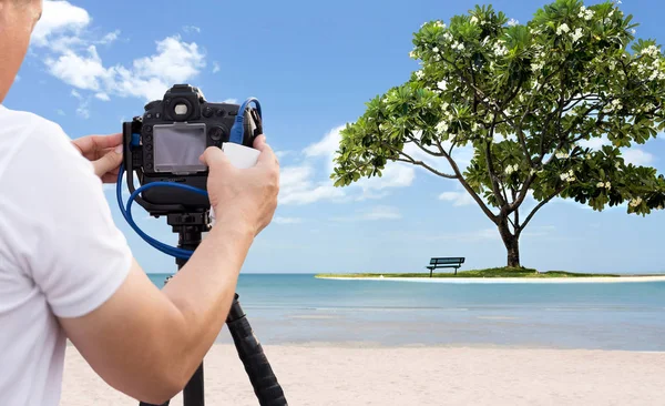 Fotografo che fotografa la spiaggia con albero frangipani — Foto Stock