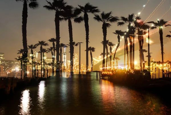 Double exposure palm trees with bridge and city building at nigh