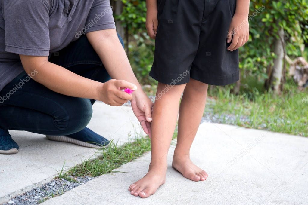 Mother spraying insect repellents on her son leg