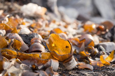 Kırık cam şişeler ve çöp tenekesine