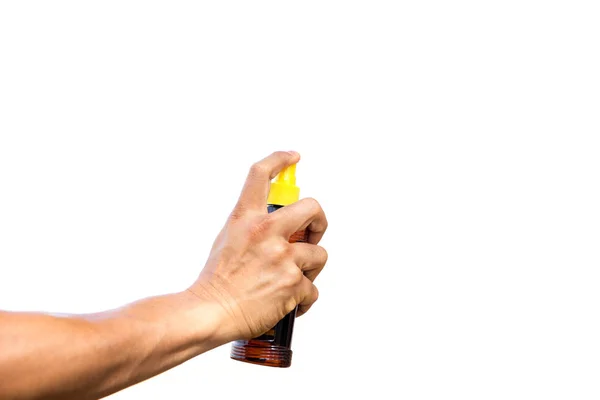 Hand sprühen Sonnenschutzöl isoliert — Stockfoto