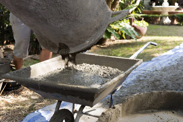 Trabalhadores derramando concreto de misturador em carrinho de mão — Fotografia de Stock