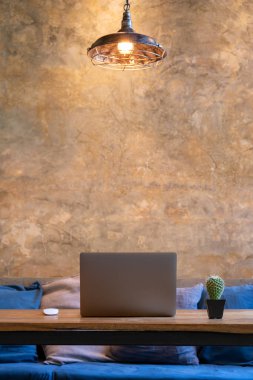 Ofis malzemeleri dizüstü bilgisayarı, fareler ve kaktüs bitkileri kafede..