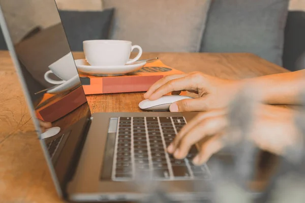 Businessman Hand Holding Computer Mouse Working Laptop — Stock Photo, Image