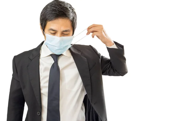 Businessman Putting Protective Mask His Face Isolated White Background — Stock Photo, Image