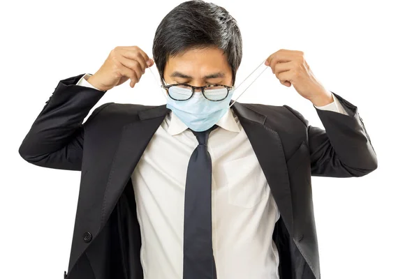Businessman Putting Protective Mask His Face Isolated White Background — Stock Photo, Image
