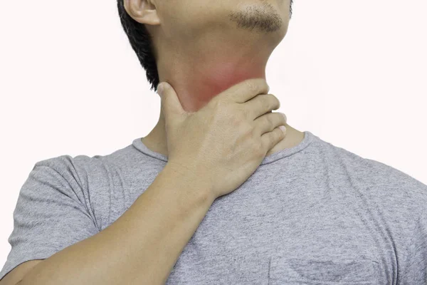Hombre Que Tiene Dolor Garganta Tocar Cuello Aislado Camino Recorte —  Fotos de Stock