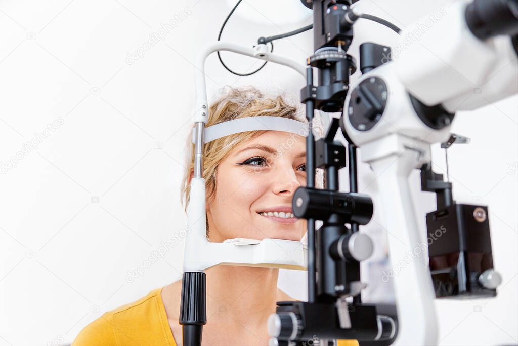 Checking eyesight with Slit lamp, examination of the eyes in an ophthalmology clinic