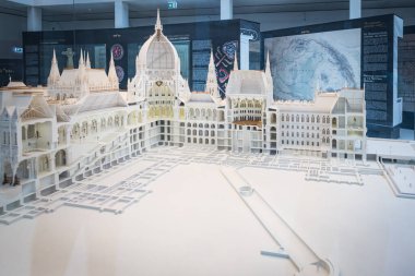Budapest, Hungary 2019: A cross section scale model of the Hungarian National Parliament building showing the dome, where the crown jewels are exhibited, and the unicameral legislatures Assembly Hall clipart