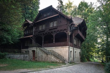 Romanya 'nın Peles Kalesi ormanındaki tarihi geleneksel ahşap Romanya evi