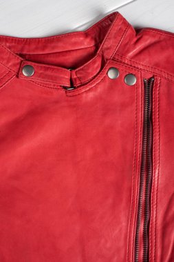 Kırmızı deri ceket. Deri ceket makro Ayrıntılar. 