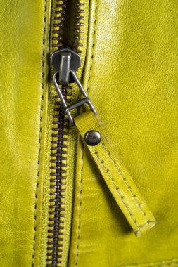 Yeşil deri ceket fermuarlar. Deri ceket makro Ayrıntılar. 