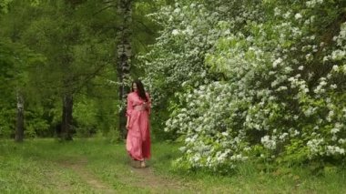 Pembe elbiseli, uzun siyah saçlı güzel moda kız lanet olası ormanda yürüyor.