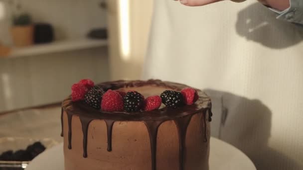 Закройте глаза на женские руки, украшающие торт свежими ягодами — стоковое видео